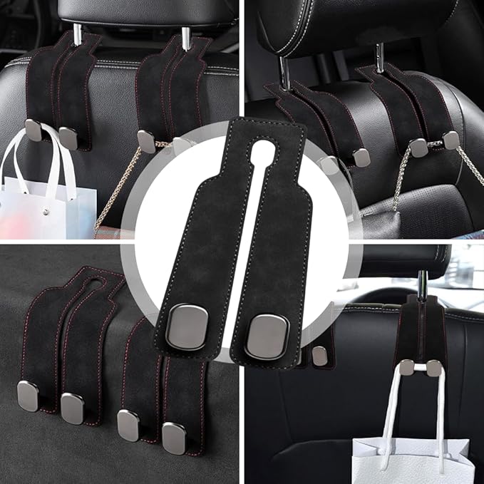 Car Seat Headrest Hooks for Purses and Bags - Premium Leather Double Hook Hanger with Metal Construction, Universal Purse Holder for Car Organization, Fits Most Vehicles (Black, 2-Pack)