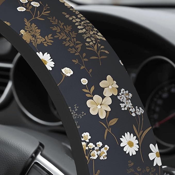 Cute Steering Wheel Cover for Women, Machine Washable Universal 14.5-15.5 inch Non-Slip Grip All Weather Use (Retro Floral Brown)