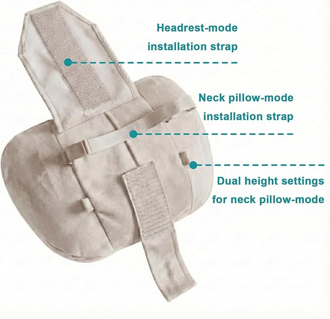 2PCS Car Pillow for Car Neck Pillow for Driving Seat Leather Neck Support Soft Cushion Back Support Head-Rests for Vehicle Sleeping with Elastic Adjustment Strap (Beige, Head and Lumbar)
