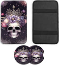 JANENFNA Car Armrest Cover Pads Universal Fashion Cute Auto Center Console Armrest Cover Pad with 2PCS Car Coasters Soft Waterproof Car Armrest Seat Protector for Women,Skull with Crown