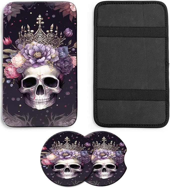 JANENFNA Car Armrest Cover Pads Universal Fashion Cute Auto Center Console Armrest Cover Pad with 2PCS Car Coasters Soft Waterproof Car Armrest Seat Protector for Women,Skull with Crown