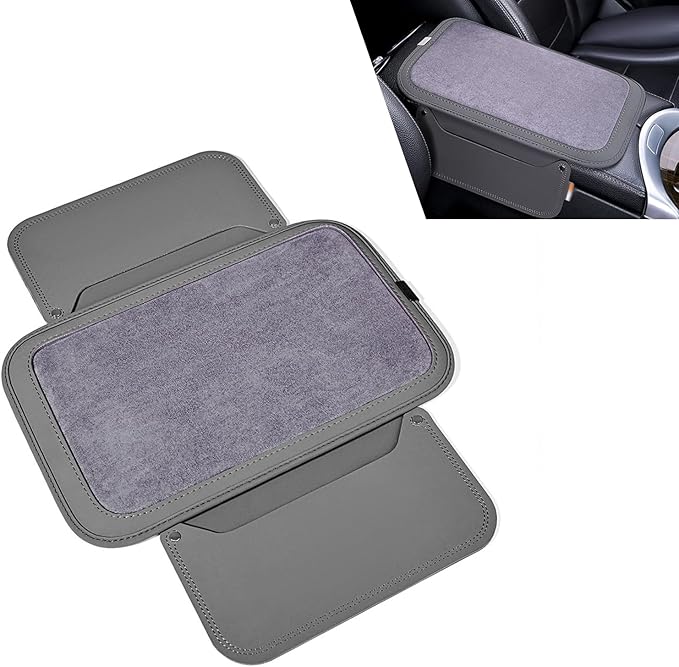 Upgraded Car Center Console Cover, Furry Soft & Comfortable Center Elbow Cushion with Two Side Storage Pockets, Luxury Leather Plush Armrest Pad Decoration, for Most Vehicles (Gray)
