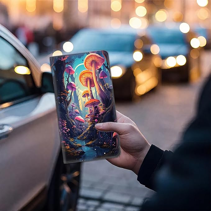 Car Document Holder with Magnetic Shut, Car Registration & Insurance Card Holder, Waterproof PU Leather Glove Box Organizer Vehicle Accessories Driver License for Women/Men, Colorful Mushrooms