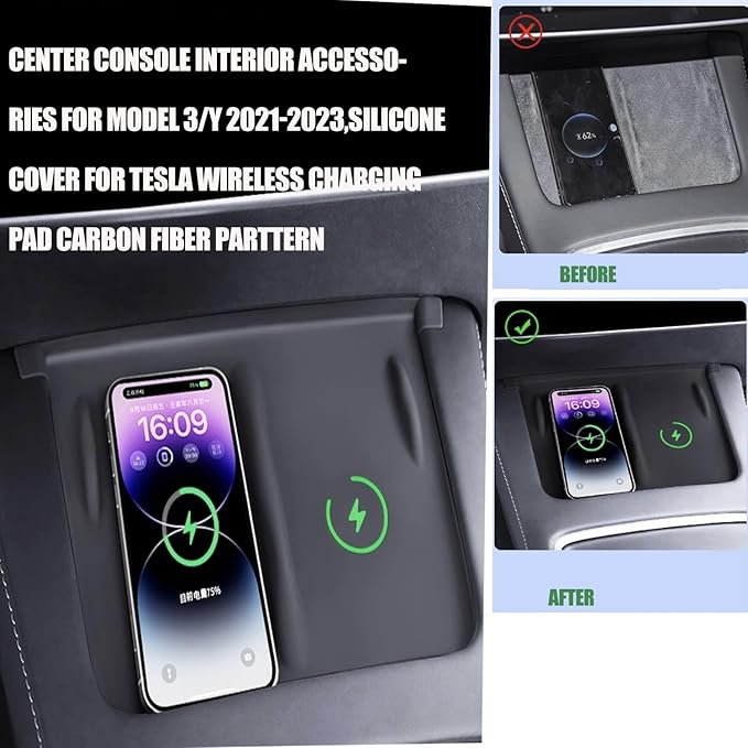 3 in 1 DIY Silicone Pad for Tesla，Center Console Wireless Charging Non Slip Silicone Pad + Screen Protector Frame + Rear View Mirror Cover Compatible with Tesla Model 3/Y 2021-2023