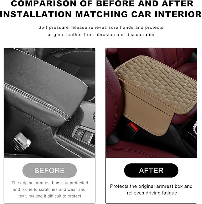 Car Center Console Cover, Waterproof Leather Arm Rest Cushion Pad with 2 Storage Bags, Anti-Scratch Armrest Seat Box Protector Interior Accessories for Most Vehicles (Beige)