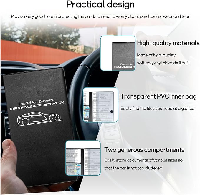 Car Registration and Insurance Holder, 10.39''×9.56'' Essential Auto Card Document Glove Box Organizer with Closure, Vehicle Interior Accessories Fit for Most Cars (Black, Small Car)