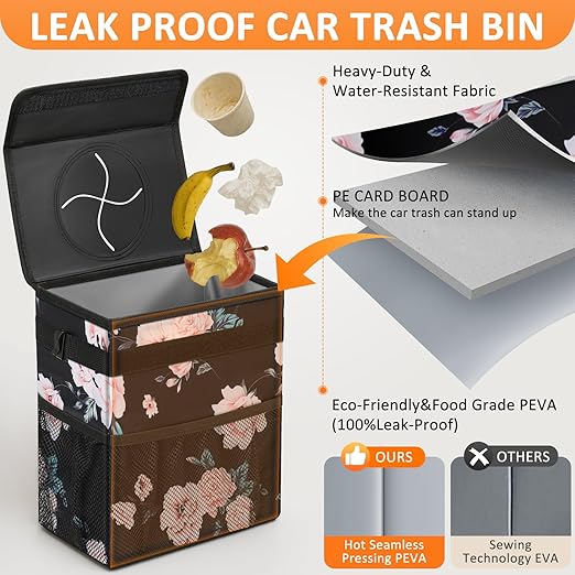 Vankor Car Trash Can for Car Cute,Bag Bin Hanging Waterproof Automotive Garbage Cans Leak Proof Vehicle Trash Can Black Floral