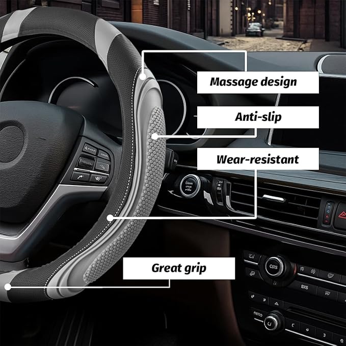 15 Inch Car Leather Steering Wheel Cover, Automotive Accessories Elastic Breathable Anti-Slip Soft Wheel Protector Fits Men and Women, Suitable for SUVs, Trucks, Vehicles and RVs (Light Gray)