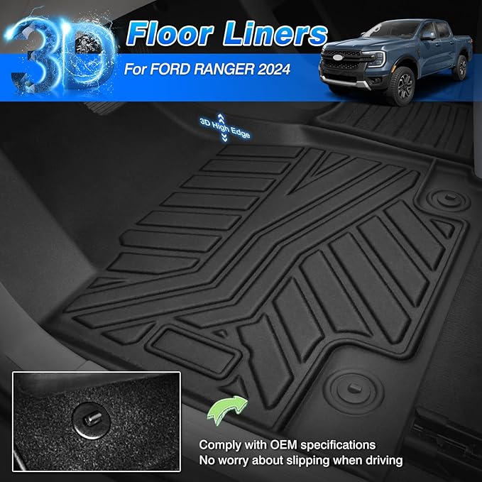 Cartist Floor Mats Fit for Ford Ranger 2024 2025 2026, All Weather Floor Liner for Ranger Accessories, Heavy Duty Car Mats Black