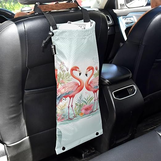 ALAZA Hanging Car Trash Bags Garbage Bag Trash Can for Back Seat Small Flamingo Floral Washable Storage Bag Retractable 2 Pack
