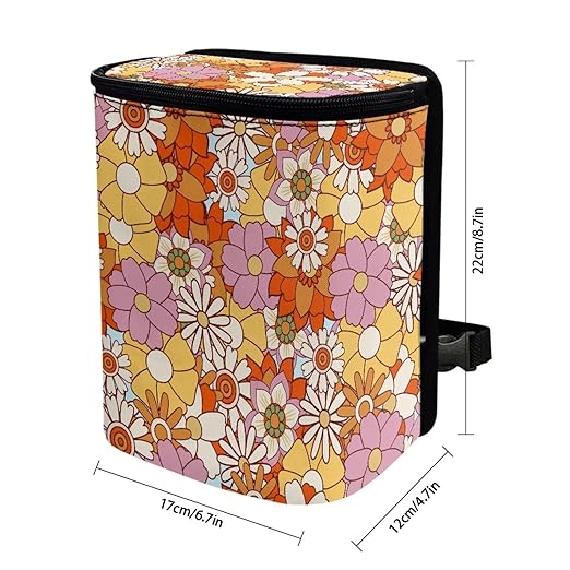 Colorful Hippie Flower Car Trash Bin Bag with Lid,Cottagecore Floral Hanging Auto Garbage Can Waste Storage Bag Universal Fit Most Vehicle Truck SUV Road Trip，Picnic