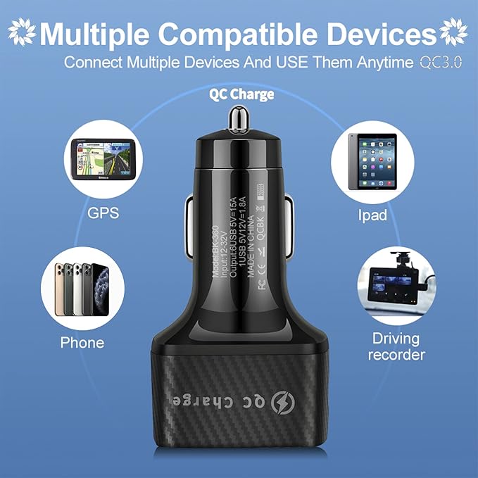 Amiss Car Charger Adapter, 6 USB Multi Port, Fast Charger, Include QC 3.0 and 5 Other Ports, Car Interior Accessories, Fit for iPhone 13/12/11/pro, Samsung Galaxy/Note S10/S9/S8 - Black（2PCS）