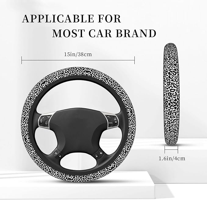 Black and White Leopard Print Universal Fit Steering Wheel Cover for Car, Truck, and SUV, Durable Steering Wheel Protection