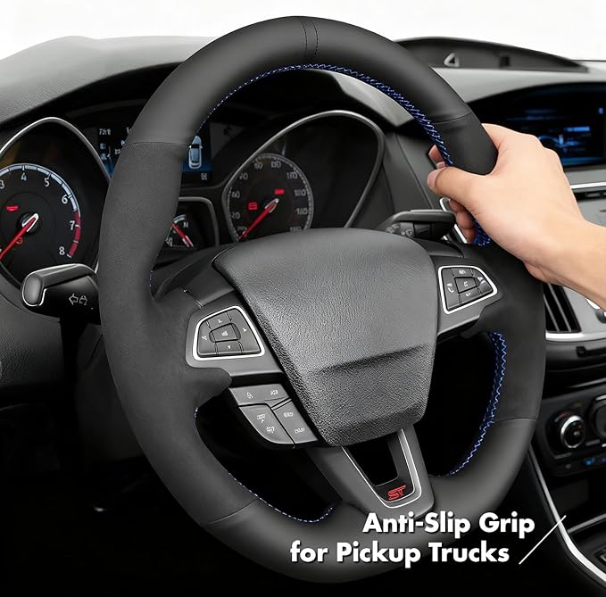 MEWANT Hand Stitch Steering Wheel Cover for Ford Focus MK3 ST 2015-2018 / Focus RS 2016-2018 Black Genuine Leather Suede Custom Fit Wrap DIY Interior Upgrade