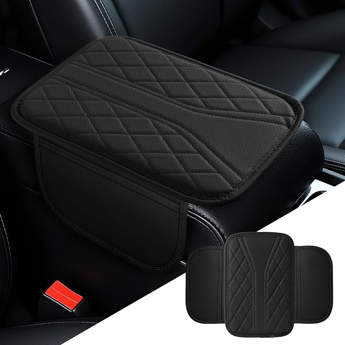 Car Center Console Cover, 11.8"×6.7" Leather Armrest Cover for Cars, Multifunctional Auto Armrest Cushion Pad with Storage Pocket, Universal Arm Rest Protector Car Accessories (Black)