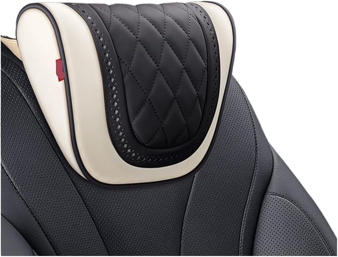 Car Headrest Neck Pillow Soft Leather Fit for Seat Back Support Lumbar Pillow Car Travel Rest Cushion Accessories(Beige Black-Neck 1PC)