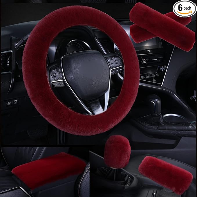 1 Set 6 Pcs Fluffy Car Steering Wheel Cover & Seat Belt Shoulder Pads & Handbrake Cover & Gear Shift Cover Set & Seat Belt Shoulder Pads Faux Wool Universal Fit Car Interior Accessories (Wine Red)