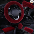 1 Set 6 Pcs Fluffy Car Steering Wheel Cover & Seat Belt Shoulder Pads & Handbrake Cover & Gear Shift Cover Set & Seat Belt Shoulder Pads Faux Wool Universal Fit Car Interior Accessories (Wine Red)