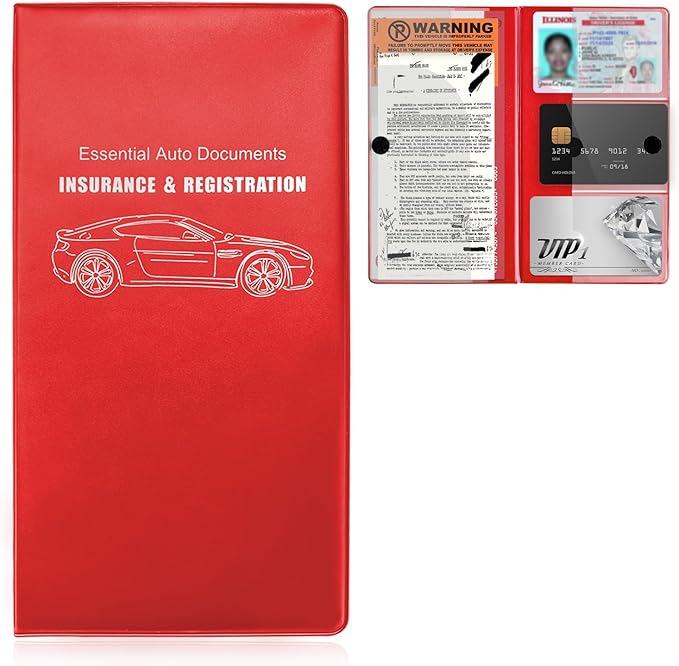 Car Registration and Insurance Holder, 9.56"×5.19" Glove Box Organizer Vehicle Document Holder, Waterproof Essential Driving License Wallet Case for Sedan Truck SUV (Glossy Large Car, Red)