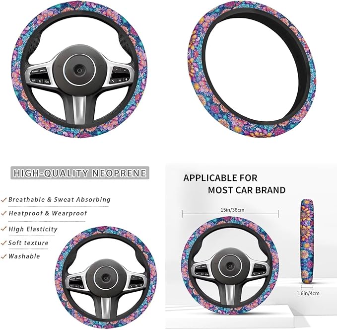Hippies Car Accessories for Men Women Steering Wheel Cover Blossom Lotus Flower Print Handbrake Gear Cover Armreat Cushion Car Interior Decor Protector Fit for SUV Truck Sedan