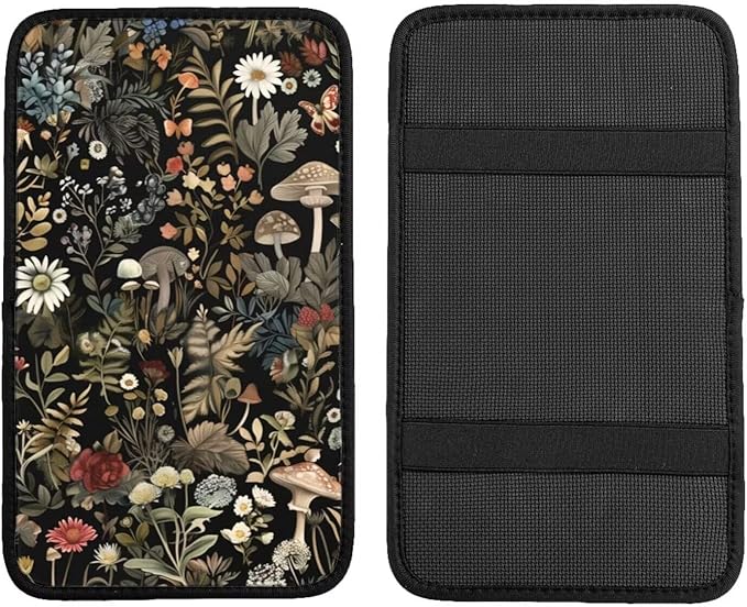Mushroom Print Car Center Console Cover Botanical Cute Plant Arm Rest Covering Cushion for Cars Sedans Vans Truck Vehicles SUV Vintage Armrest Pads