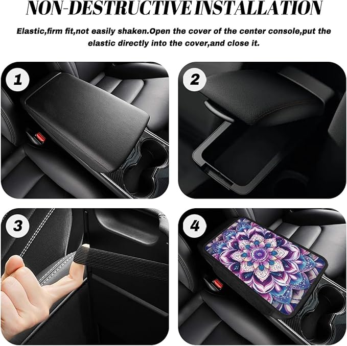 CLOHOMIN Boho Mandala Flower Car Armrest Cover Cushion Pad Decorative Accessories Purple Auto Center Console Cover Pad Universal Car Center Console Armrest Cover Fit for Most Vehicles