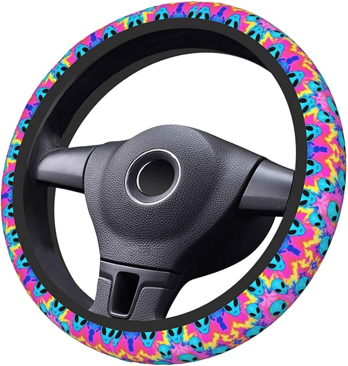 Psychedelic Aliens Neoprene Steering Wheel Covers Women Men Car Accessories, Universal 15 Inch Fit Auto, Suvs, Truck