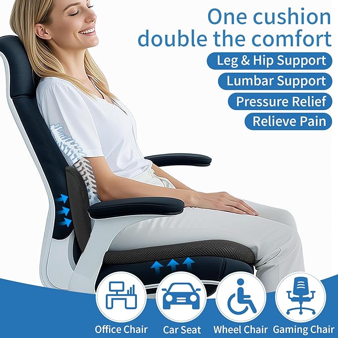 XZdream Memory Foam Seat Cushion,Office Chair Cushion with Lumbar Support for Back Pressure Relief, Car Seat Cushion with Adjustable Strap,Sciatica Pad Cushions for Car,Truck (Black+Mesh Cloth)