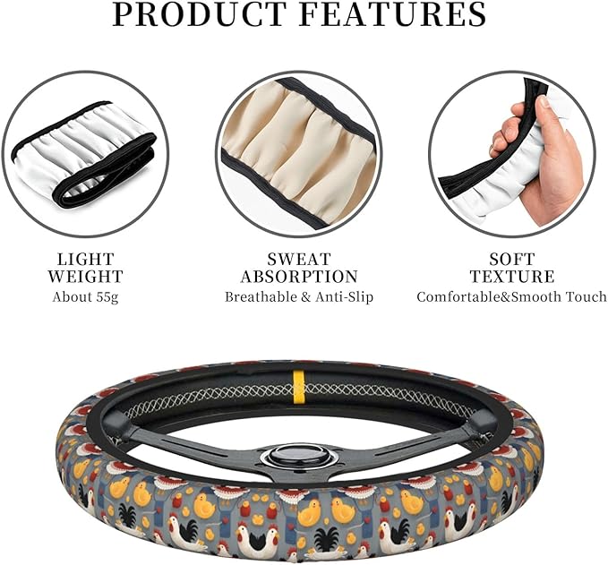 Red Chickens Grey Universal Fit Steering Wheel Cover for Car, Truck, and SUV, Durable Steering Wheel Protection