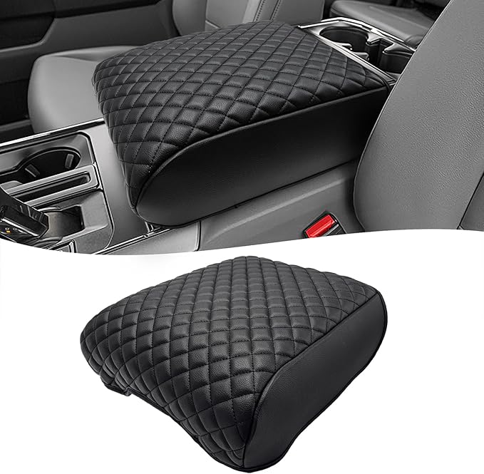 KBH Center Console Armrest Cover for Ford F150 2021 2022 2023 2024 2025 2026, PU Leather Interior Accessories, Middle Console Lid Protector, Arm Rest Cushion Thick Pad, Black (Fits Bucket Seat Only)