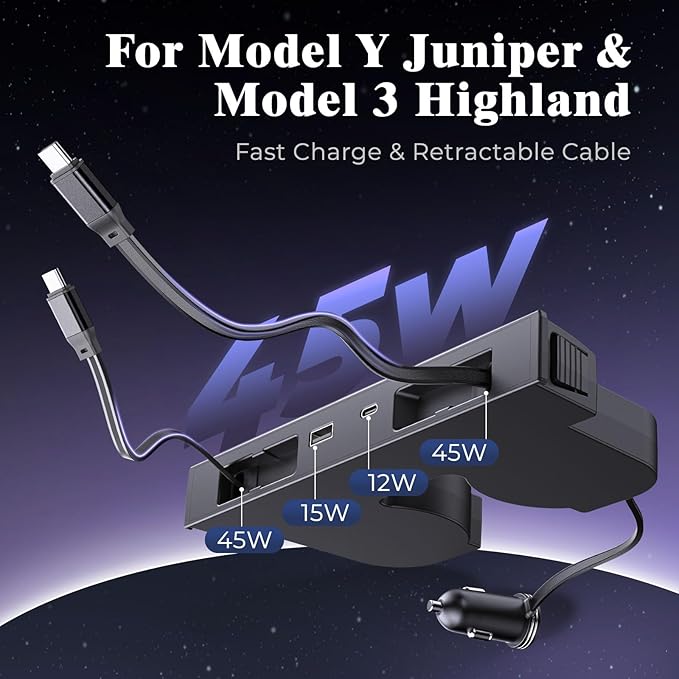 65W USB Hub for Tesla Model 3, New Model Y Juniper 2024 2025 2026 - Fast Charger for Tesla Model 3 Highland Accessories, Retractable Phone USB Charger Hub 4-Ports, 2 Type-C Cables (Black)