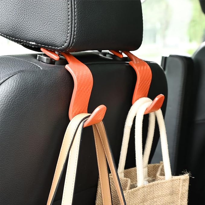 Hanemia 4PCS Car Seat Headrest Hooks, Auto Back Seat Hanger Holder, Durable Stylish Vehicle Organizer Universal Car Interior Accessories, Storage Hooks for Purses, Bags, Clothes (Carbon Fiber/Orange)