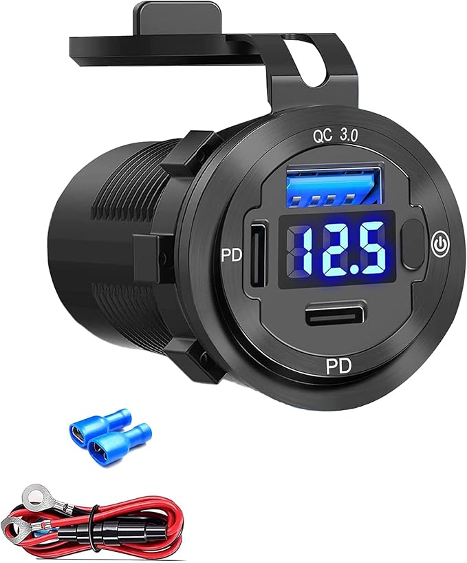 12V USB Car Socket, 3-Port Marine Aluminum USB Quick Charge Waterproof Cigarette Round USB C 12V Outlet for Car Golf Cart Boat Marine Bus Truck RV Marine Motorcycle etc(2PD+1QC(1Pack))