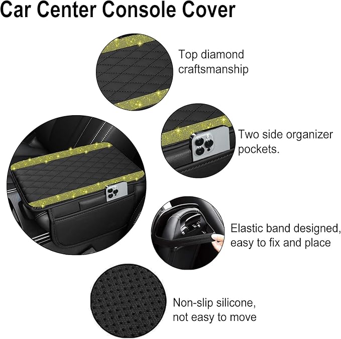 Bling Car Center Console Cover, Leather Car Arm Rest Cover Cushion with 2 Storage Bags, Universal Auto Armrest Protector Storage Box, Bling Accessories Interior for Most Vehicles (Yellow Diamond)