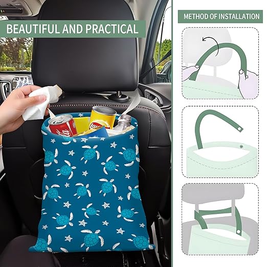 AXZOPDE Cute Car Trash Can, Hanging Canvas Car Back Seat Organizer and Storage Bag, Funny Car Trash Bag For Travelling, Outdoor Cute Blue Sea Turtle