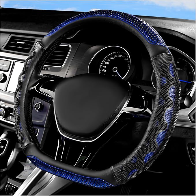 Car Steering Wheel Cover, 15 Inches Leather Comfy Grip Steering Wheel Protector with 3D Honeycomb, Anti-Slip D-Shaped Wheel Wrap Cover for Most Vehicles, Car Accessories (Blue)