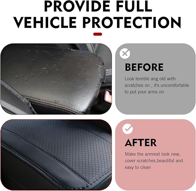 Hugwits Car Center Console Armrest Pad, 7.48" x 12.6" Leather Waterproof Armrest Box Mat with Straps, Wear-Resistant Car Center Console Seat Box Cover, Universal for Most Cars (Black Stitching)