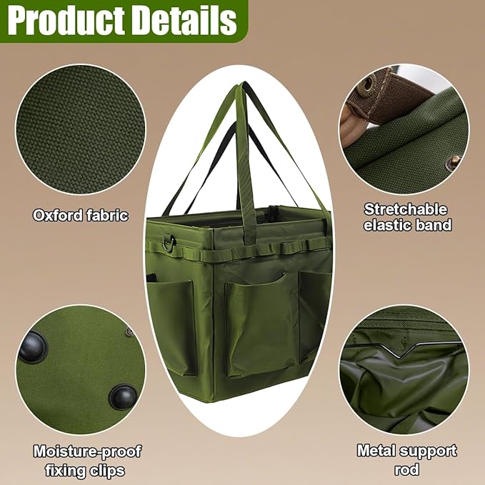 Collapsible Car Trunk Organizer - Large Foldable Grilling Tools Storage Bin Basket with 4 Pockets & Long Strap, Heavy-Duty Trunk Tote Bag for SUV Truck Camping Gear BBq Tools Organizer(Green)