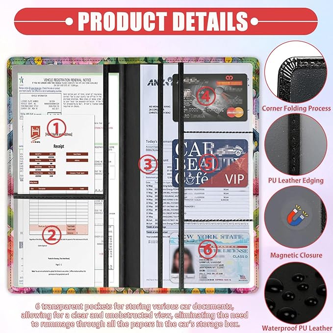 Car Registration Holder, Waterproof PU Leather Vehicle Card Document Glove Box Organizer, Women Interior Auto Accessories Case for Cards, Driver License Car Insurance Holder, Dalmatian Dog Floral