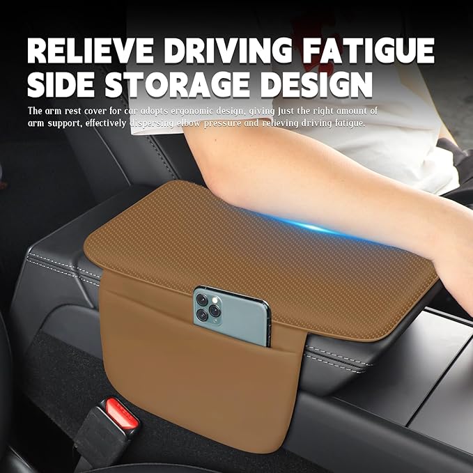 Car Armrest Cover Pad - Nappa Leather Car Center Console Cover with Breathable Holes, Non-Slip Auto Arm Rest Cushion, Universal Car Interior Accessories Fit forTesla Model Y Most Cars (Light Brown)