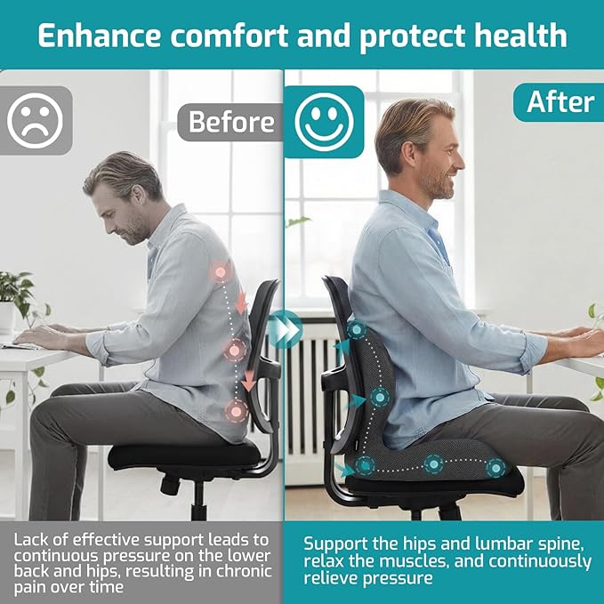 Memory Foam Seat Cushion with Lumbar Support Pillow,Office Chair Cushion,Ergonomic Car Seat Cushion,Designed for Tailbone,Sciatica,Back Pain Relief,for Office,Car,Truck,Desk Chair (Black)