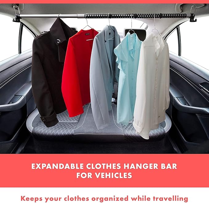 VaygWay Expandable Car Clothes Hanger Bar- Heavy Duty Hanger Metal Storage Suit Rod-Car Hanging Closet Organizer Rack Expandable to 62" -2 Pk Black Rog