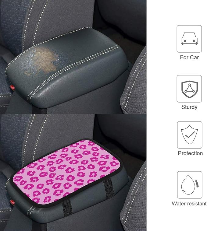 Car Handrail Box Cushion Pink Leopard Print, Anti Slip Center Console Cover, Universal Fit for Cars, Trucks, SUVs
