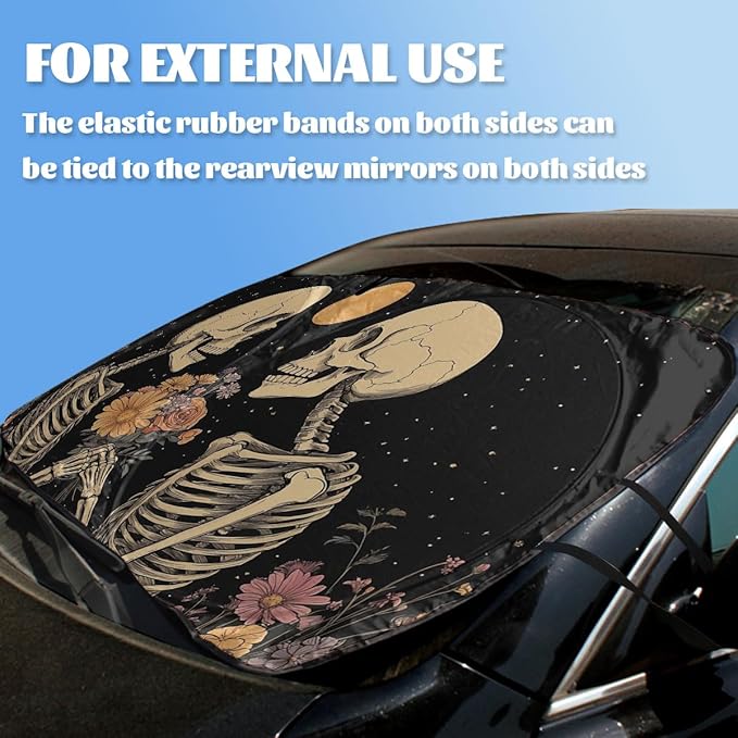 Skeleton Flowers Car Window Sun Shield Retro Gothic Starry Sky Comics Front Window Sun Shade Blocks UV Rays Sun Visor Protector for Car Sedan Truck SUV Accessories