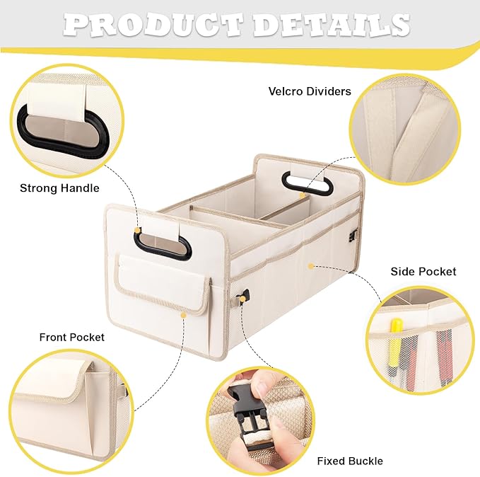 JiatuA Car Trunk Organizer, Car Organizers and Storage Collapsible Multi Compartment Container Box, Adjustable Car Accessories for SUV Sedan Truck, Standard Size, Beige