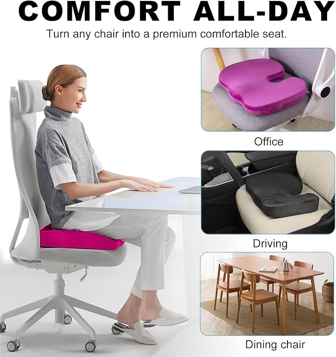 Memory Foam Seat Chair Cushion, Comfortable Auto Cushions for Long Periods of Sitting, Pregnancy Car Seat Cushion for Back, Coccyx & Sacrum Pain Relief, Car Accessories (Rose Red)