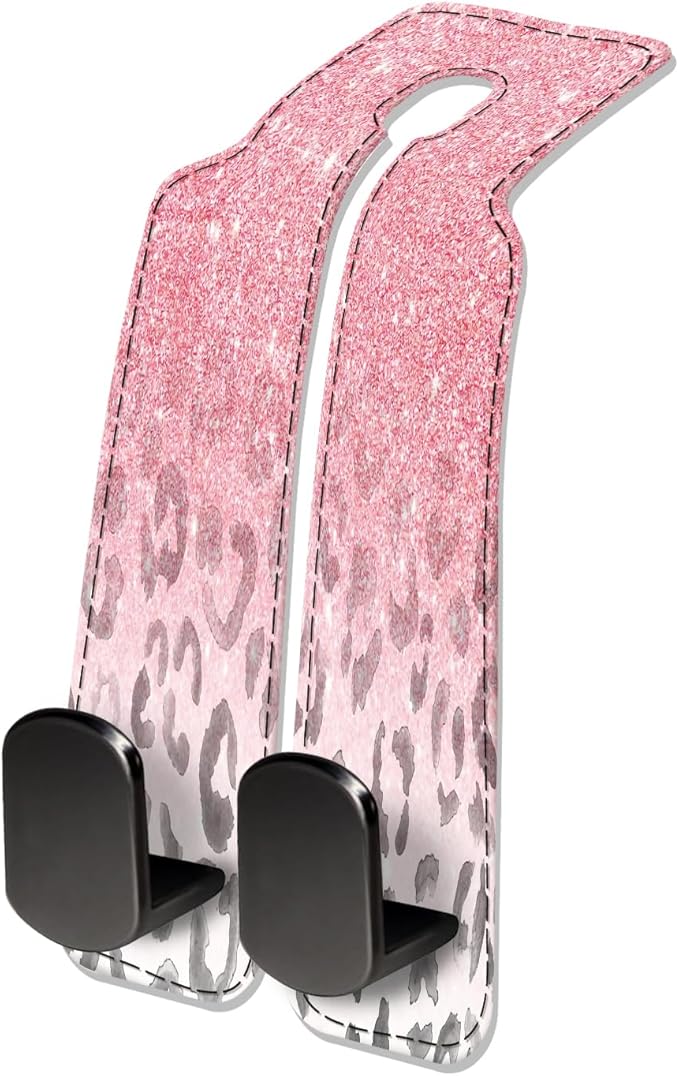NUGGHU Car Seat Headrest Hook, Universal Leather Cute Hanger Holder Hook, Storage Organizer Interior Accessories for Purse Bags Handbag Pink Glitter Leopard