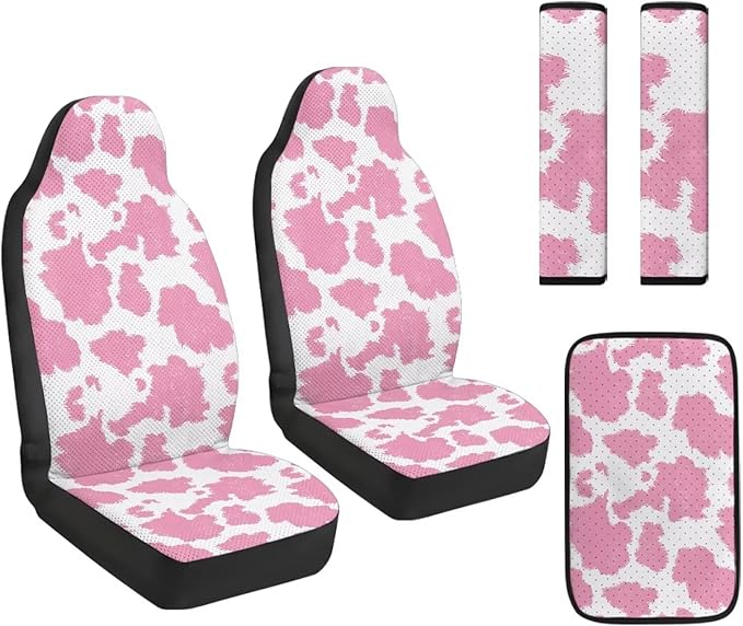 FUSURIRE 5 Pieces Pink Cowhide Print Car Accessories Set PU Front Seat Covers, Seat Belt Covers & Center Armrest Pad for SUV Car Truck