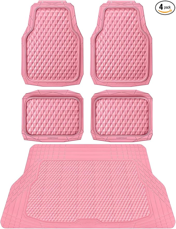 CAR PASS Heavy Duty Rubber Pink Car Floor Mats & Cargo Liners, Deep Dish All-Weather Trunk Mats Durable Anti-Slip 3D Rhombus Waterproof Trim to Fit Liner Universal Fit Auto,Sedan,SUV,Truck, Pink