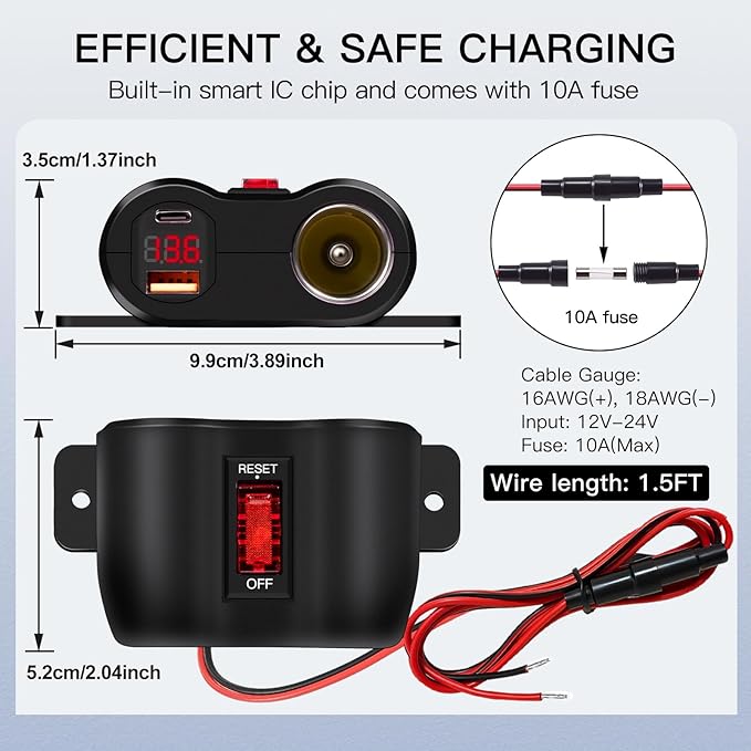 Dual USB Outlet 12V Cigarette Lighter Socket with Switch, PD3.0 USB C and QC3.0 USB Port Car Charger with Voltmeter, 12 Volt Power Outlet Adapter for Boat Marine Truck RV UTV Golf Cart